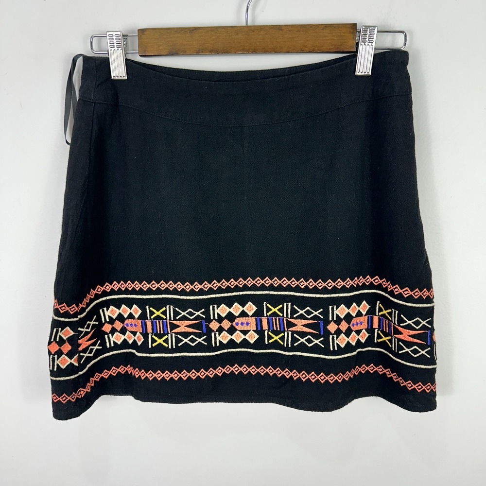 THML Skirt Womens S Black Linen Embroidered Boho Festival Coastal Chic Resort